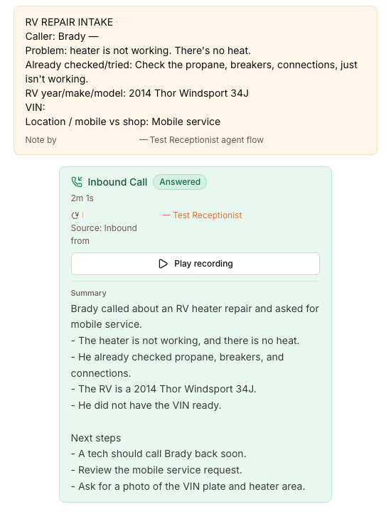 Call summary for an RV repair shop: caller, problem, what they already tried, RV model, service type, recording and next steps